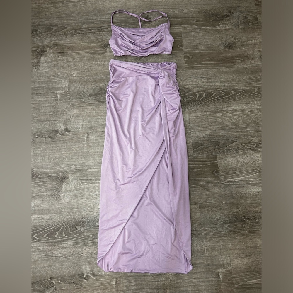 Light purple two piece dress.
